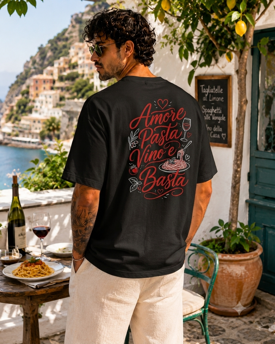 Amore Pasta Vino e Basta Tee negru, tricou oversized Armedy Society cu grafica italiana pe spate