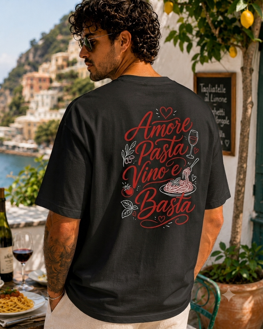 Amore Pasta Vino e Basta Tee negru, tricou oversized Armedy Society cu grafica italiana pe spate