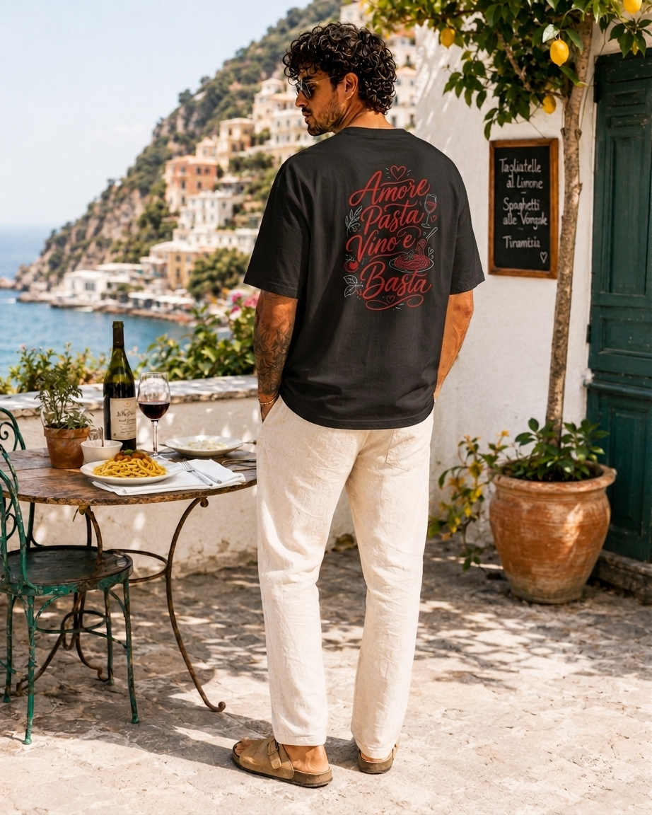 Amore Pasta Vino e Basta Tee negru, tricou oversized Armedy Society cu grafica italiana pe spate