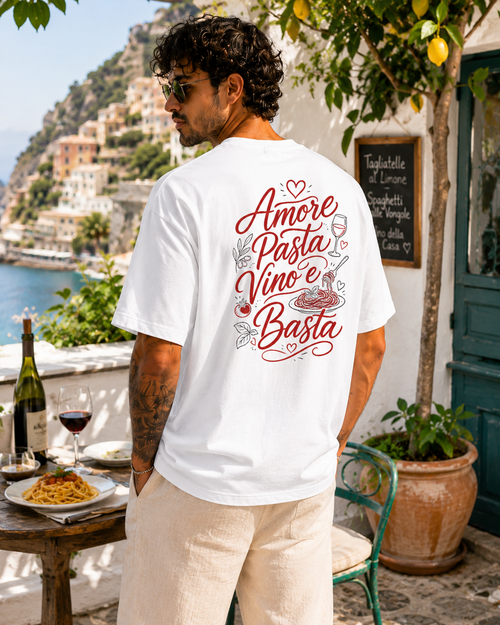 Amore Pasta Vino e Basta Tee alb, tricou oversized Armedy Society cu grafica italiana pe spate