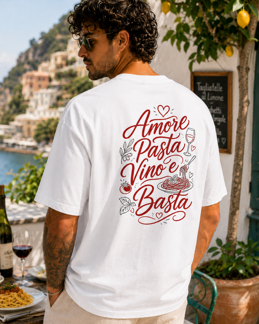 Amore Pasta Vino e Basta Tee alb, tricou oversized Armedy Society cu grafica italiana pe spate