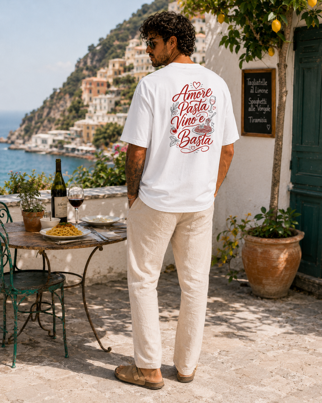 Amore Pasta Vino e Basta Tee alb, tricou oversized Armedy Society cu grafica italiana pe spate