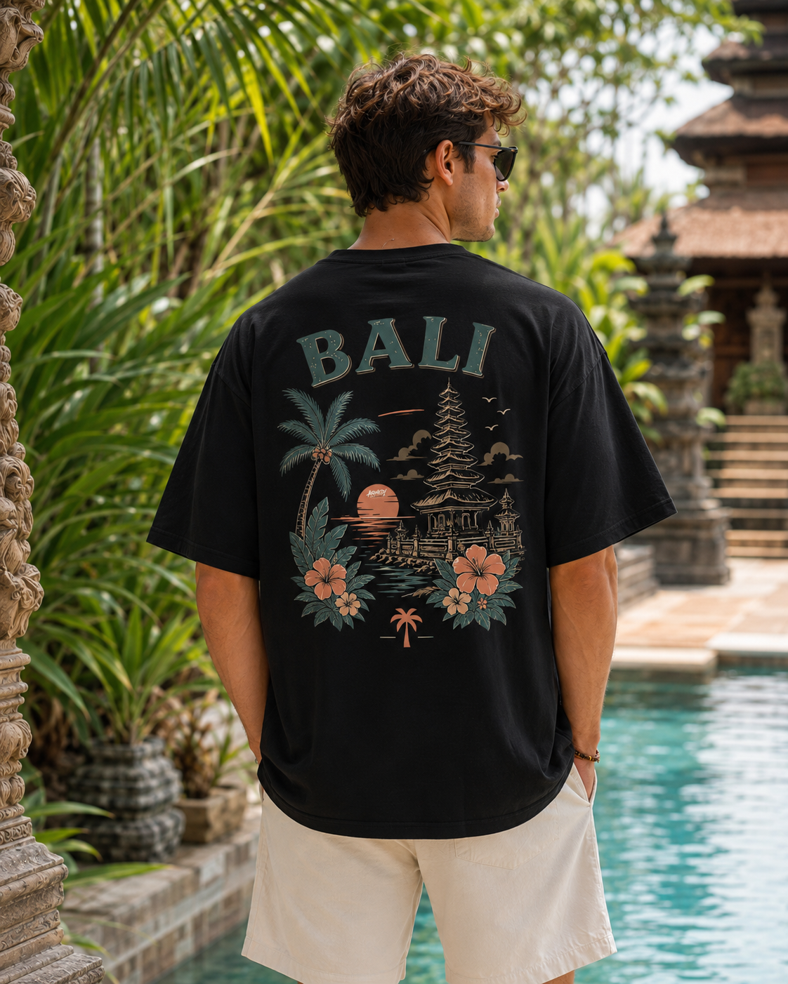 Bali Escape Tee negru, tricou oversized Armedy Society cu grafica tropicala pe spate
