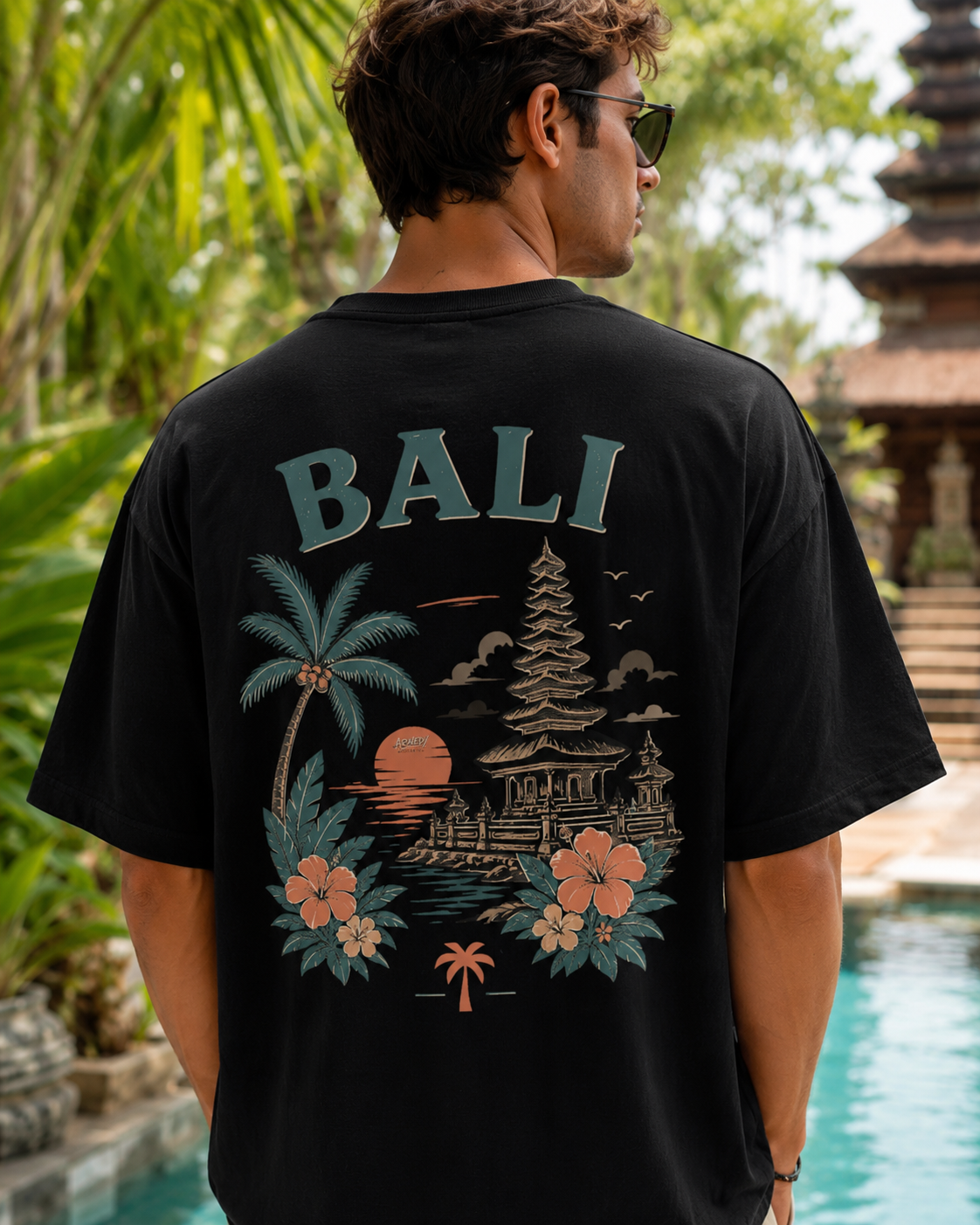 Bali Escape Tee negru, tricou oversized Armedy Society cu grafica tropicala pe spate