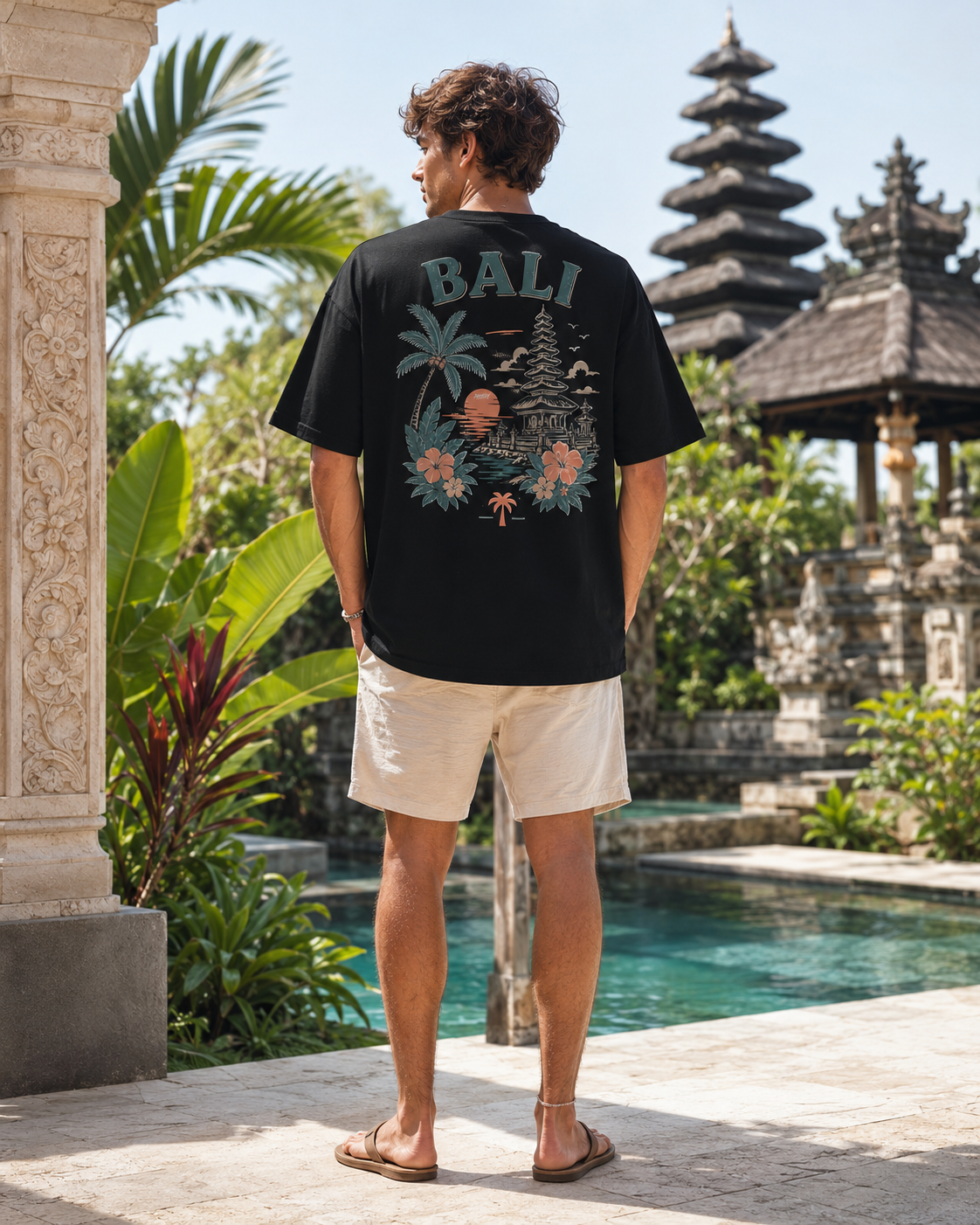 Bali Escape Tee negru, tricou oversized Armedy Society cu grafica tropicala pe spate