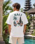 Bali Escape Tee alb, tricou oversized Armedy Society cu grafica tropicala pe spate