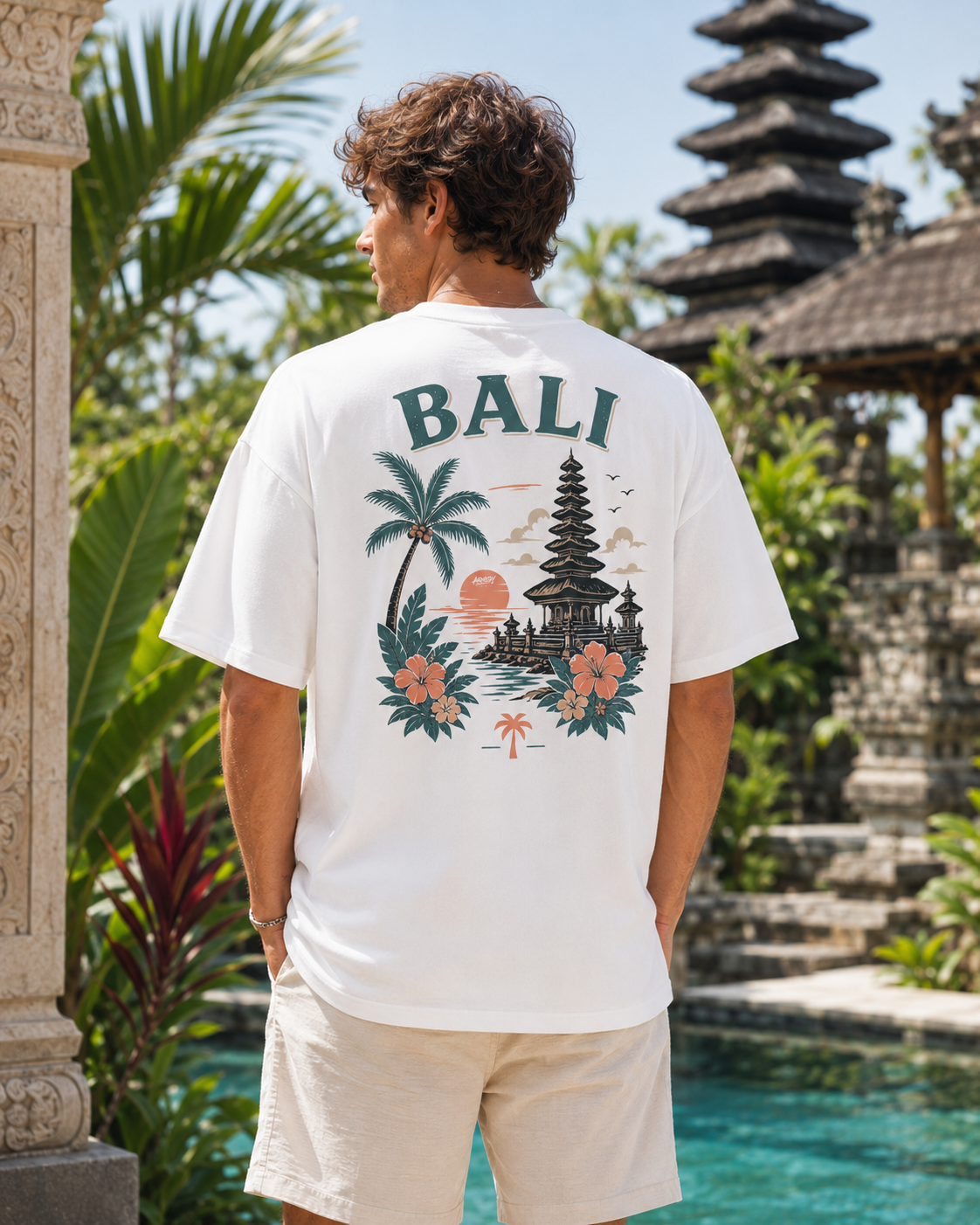 Bali Escape Tee alb, tricou oversized Armedy Society cu grafica tropicala pe spate