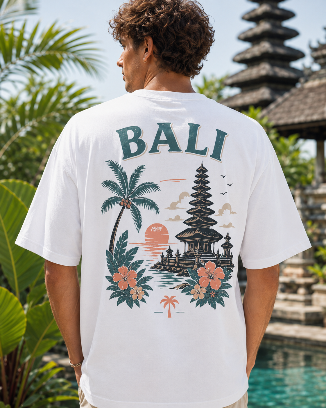 Bali Escape Tee alb, tricou oversized Armedy Society cu grafica tropicala pe spate