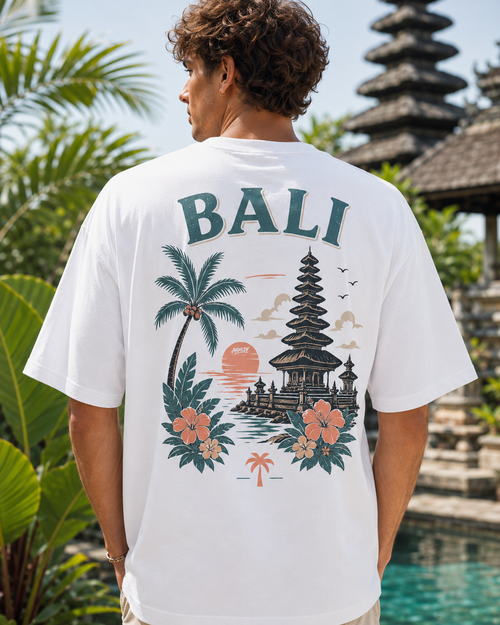 Bali Escape Tee alb, tricou oversized Armedy Society cu grafica tropicala pe spate