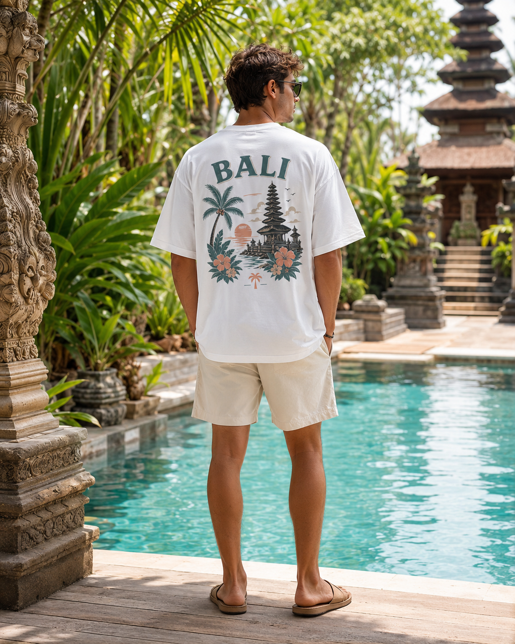 Bali Escape Tee alb, tricou oversized Armedy Society cu grafica tropicala pe spate