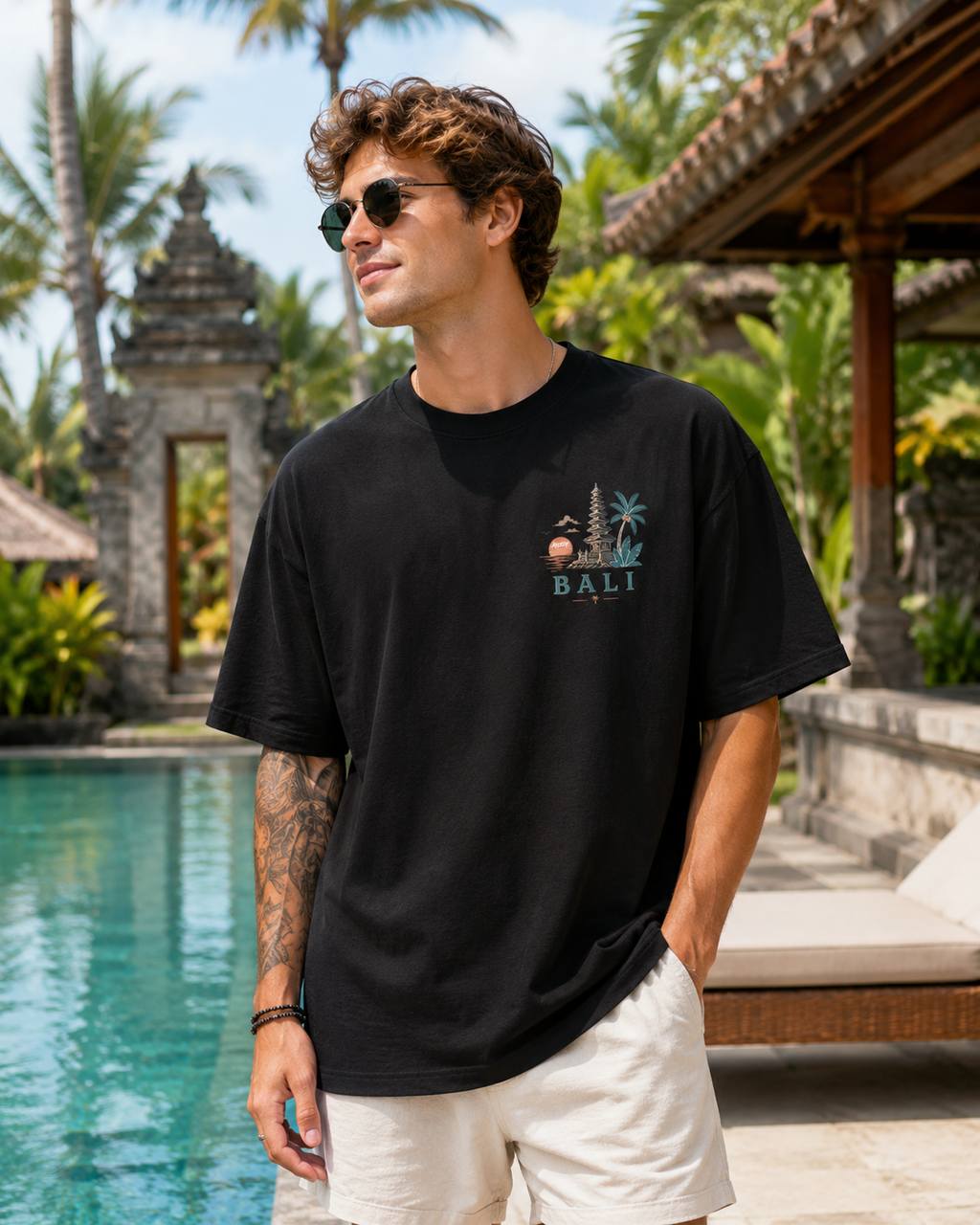 Bali Escape Tee negru, tricou oversized Armedy Society cu grafica tropicala pe spate