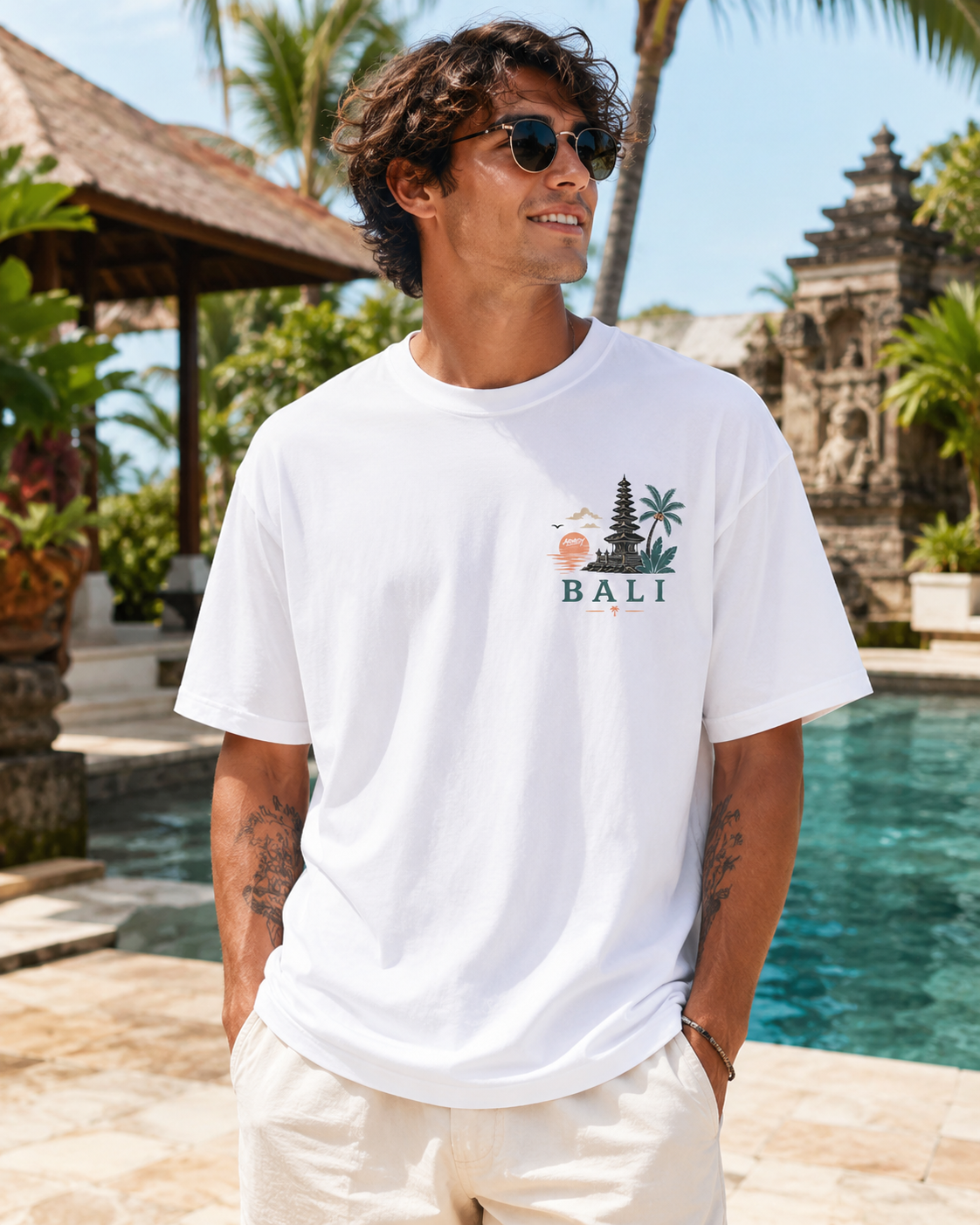Bali Escape Tee alb, tricou oversized Armedy Society cu grafica tropicala pe spate
