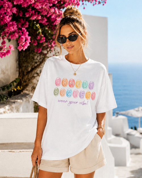 Candy Society Tee alb, tricou oversized Armedy Society cu grafica colorata pe fata