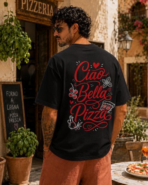 Ciao Bella Pizza Tee negru, tricou oversized Armedy Society cu grafica italiana pe spate