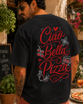 Ciao Bella Pizza Tee negru, tricou oversized Armedy Society cu grafica italiana pe spate
