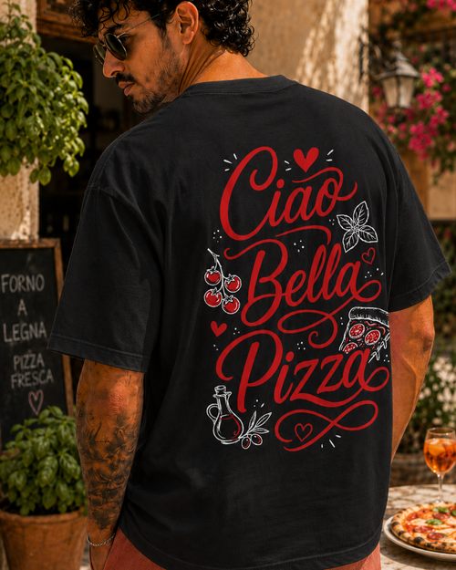 Ciao Bella Pizza Tee negru, tricou oversized Armedy Society cu grafica italiana pe spate