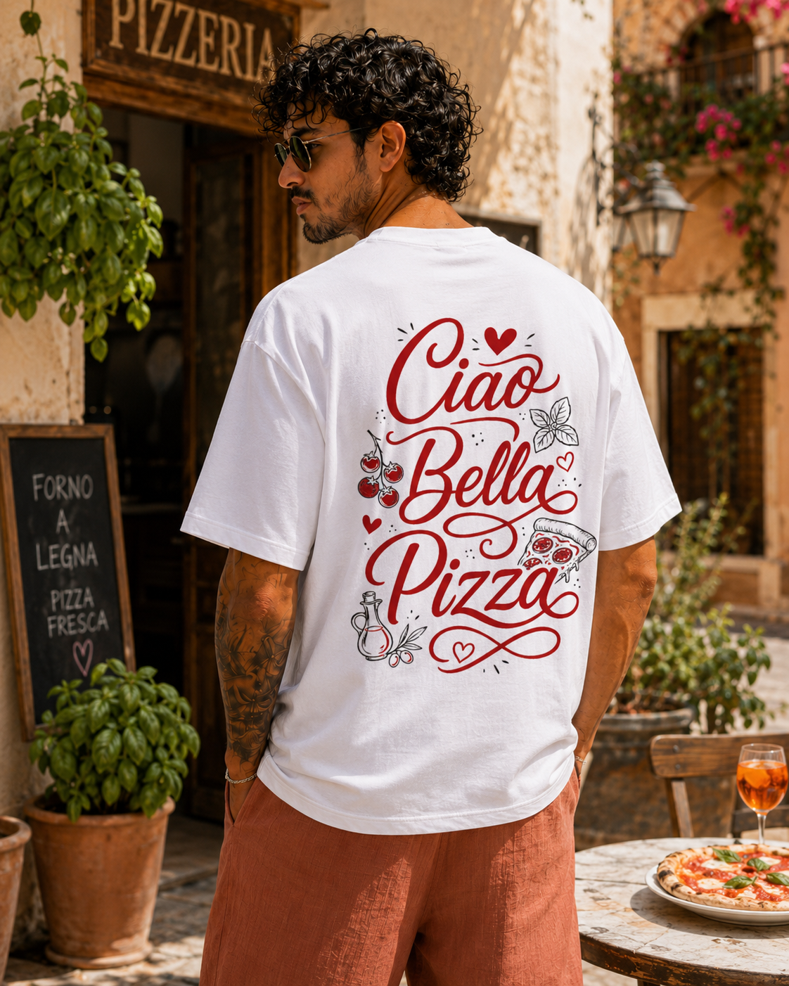 Ciao Bella Pizza Tee alb, tricou oversized Armedy Society cu grafica italiana pe spate