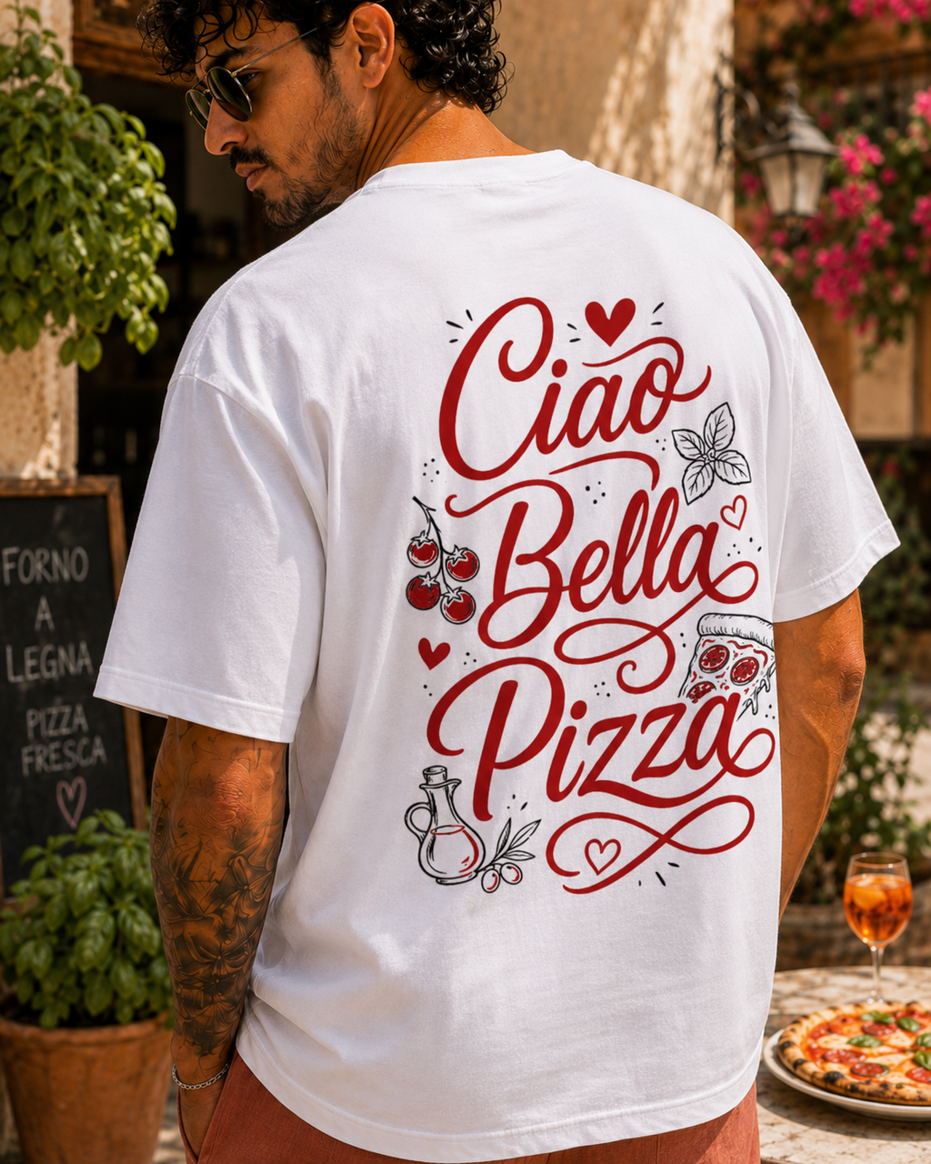 Ciao Bella Pizza Tee alb, tricou oversized Armedy Society cu grafica italiana pe spate