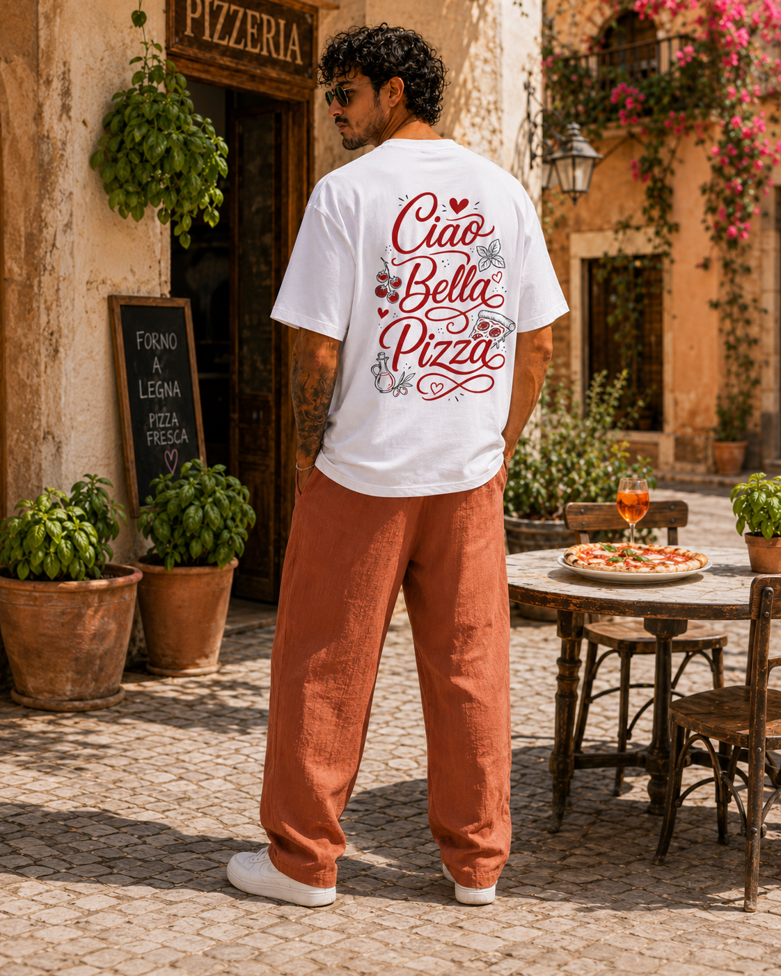 Ciao Bella Pizza Tee alb, tricou oversized Armedy Society cu grafica italiana pe spate