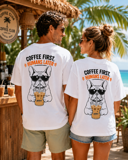 Coffee First Humans Later Tee alb, tricou oversized Armedy Society cu bulldog si iced coffee pe spate