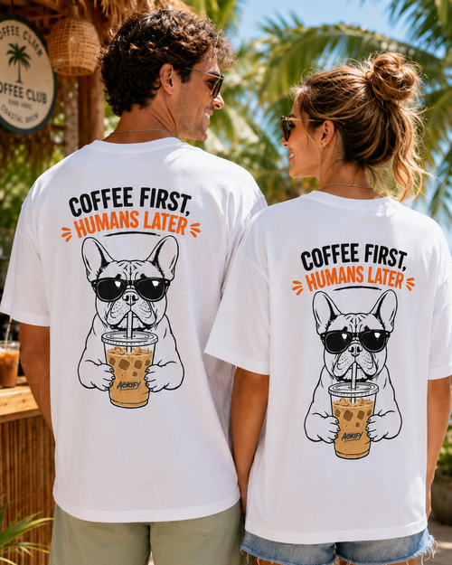 Coffee First Humans Later Tee alb, tricou oversized unisex Armedy Society purtat de model feminin si masculin