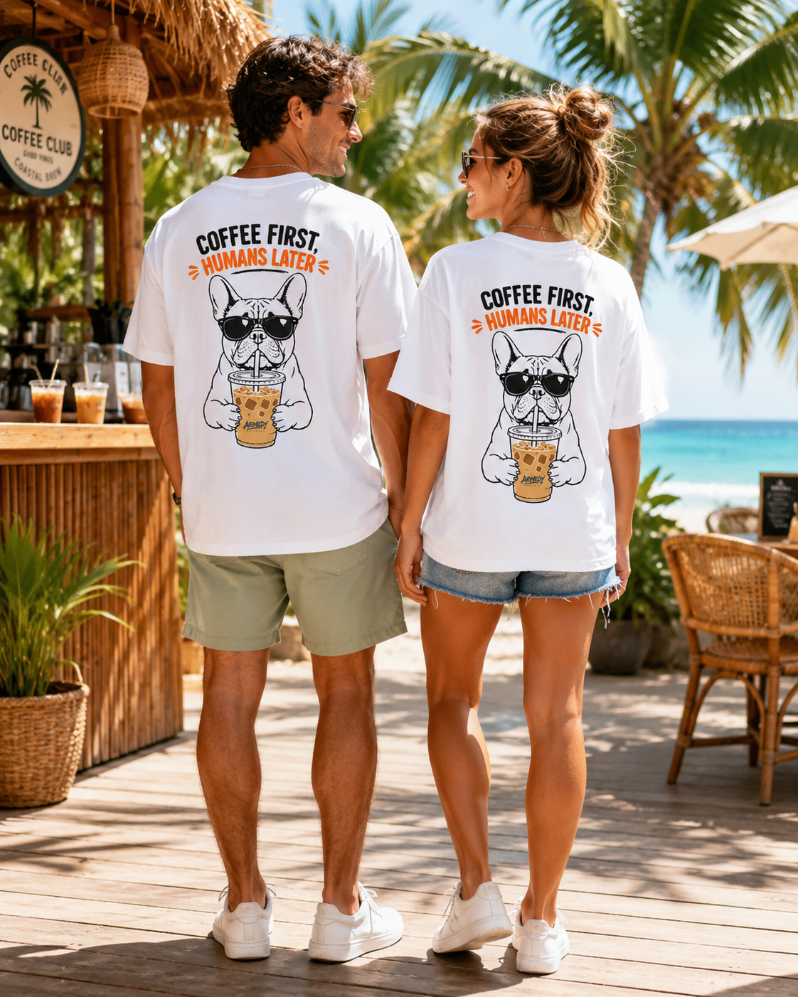 Coffee First Humans Later Tee alb, tricou oversized unisex Armedy Society purtat de model feminin si masculin