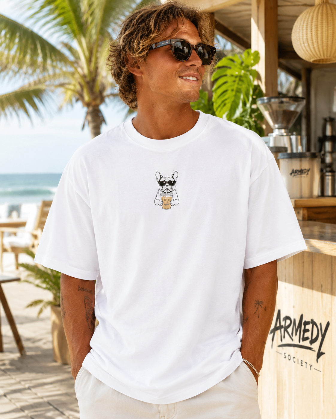 Coffee First Humans Later Tee alb, tricou oversized Armedy Society cu grafica mica pe fata