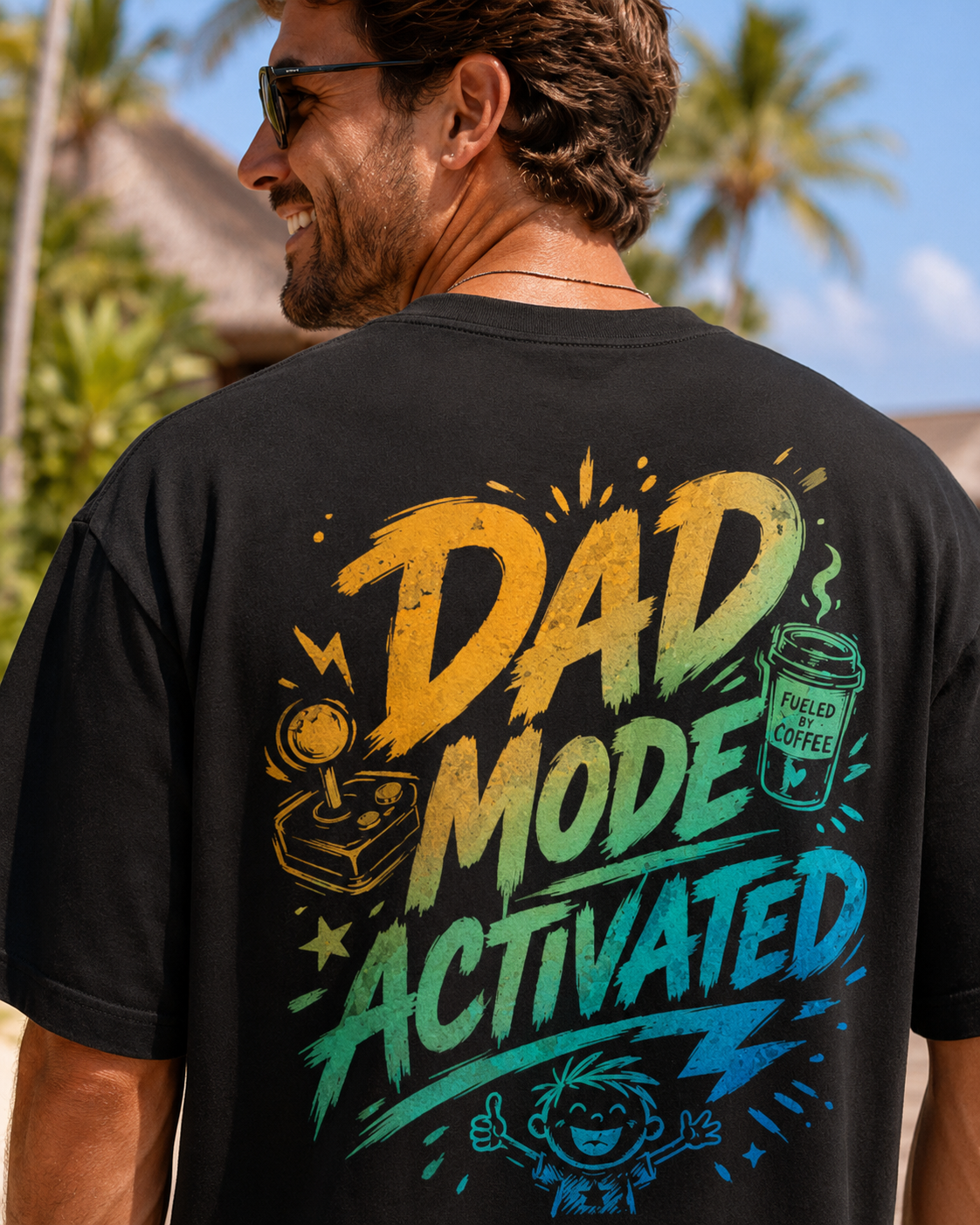 Dad Mode Activated Tee negru, tricou oversized Armedy Society cu grafica funny colorata pe spate