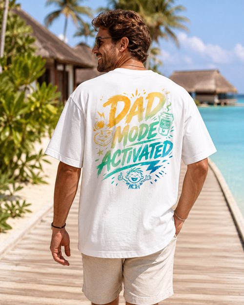 Dad Mode Activated Tee alb, tricou oversized Armedy Society cu grafica funny colorata pe spate