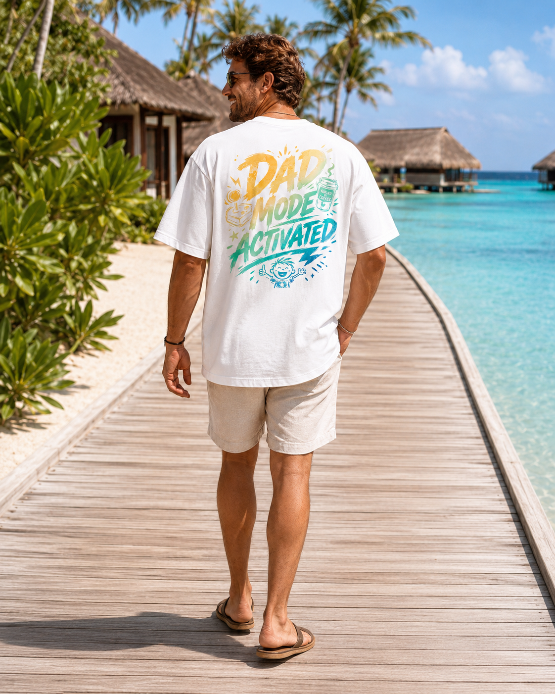 Dad Mode Activated Tee alb, tricou oversized Armedy Society cu grafica funny colorata pe spate