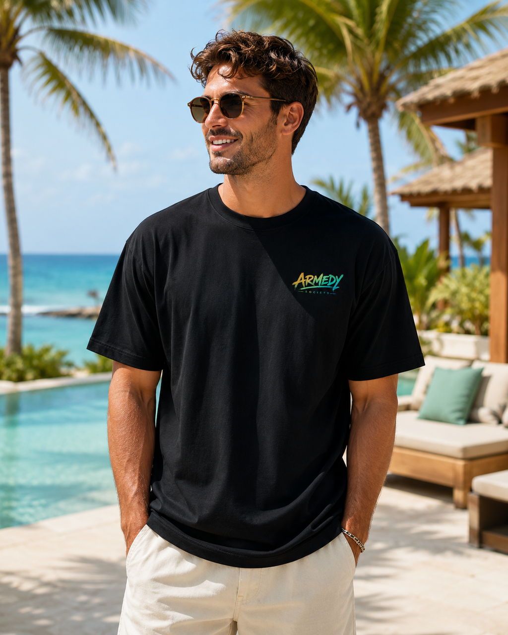 Dad Mode Activated Tee negru, tricou oversized Armedy Society cu logo colorat pe piept