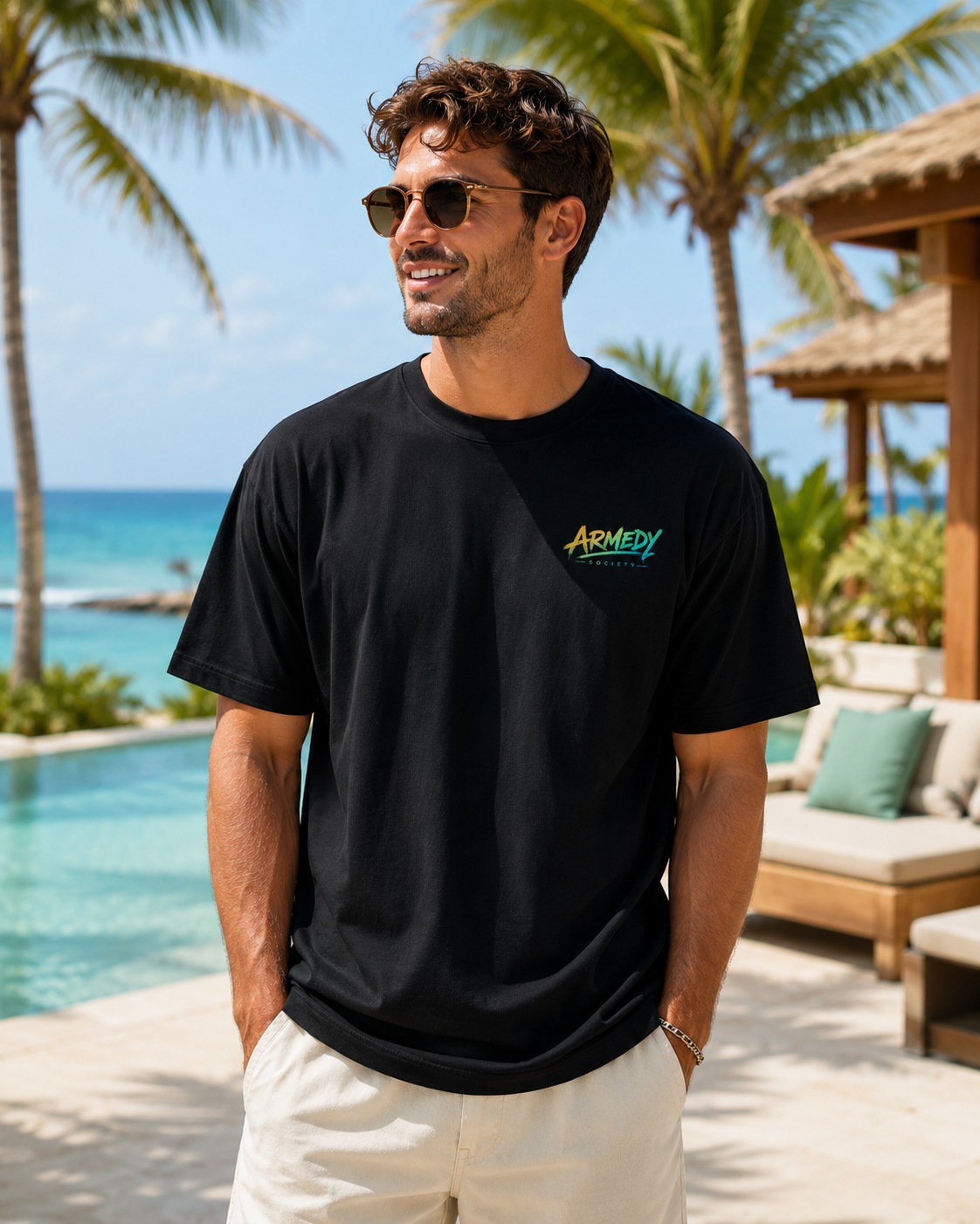 Dad Mode Activated Tee negru, tricou oversized Armedy Society cu logo colorat pe piept