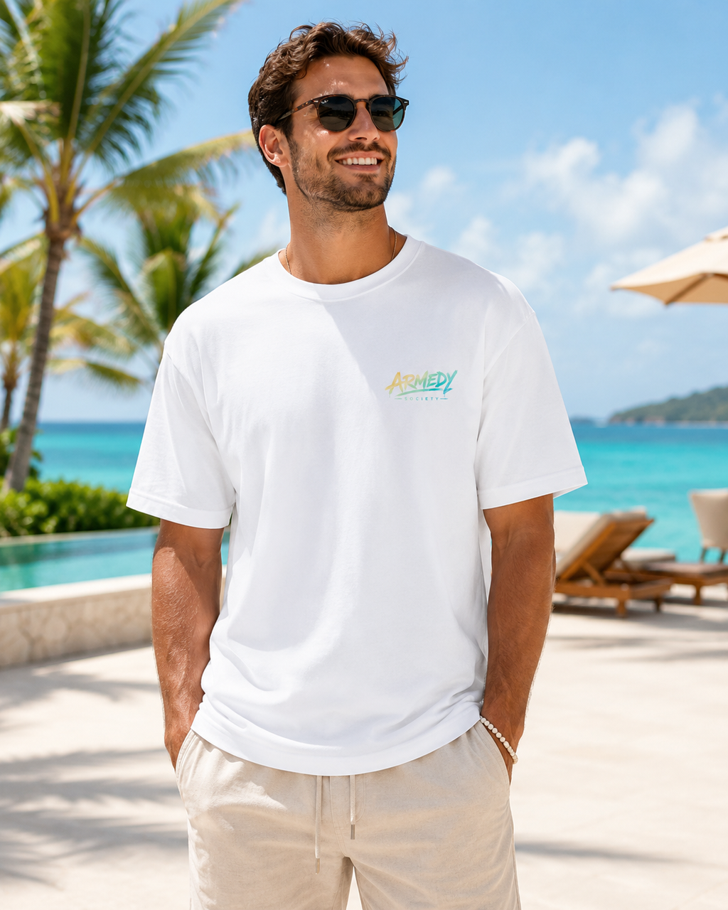 Dad Mode Activated Tee alb, tricou oversized Armedy Society cu logo colorat pe piept