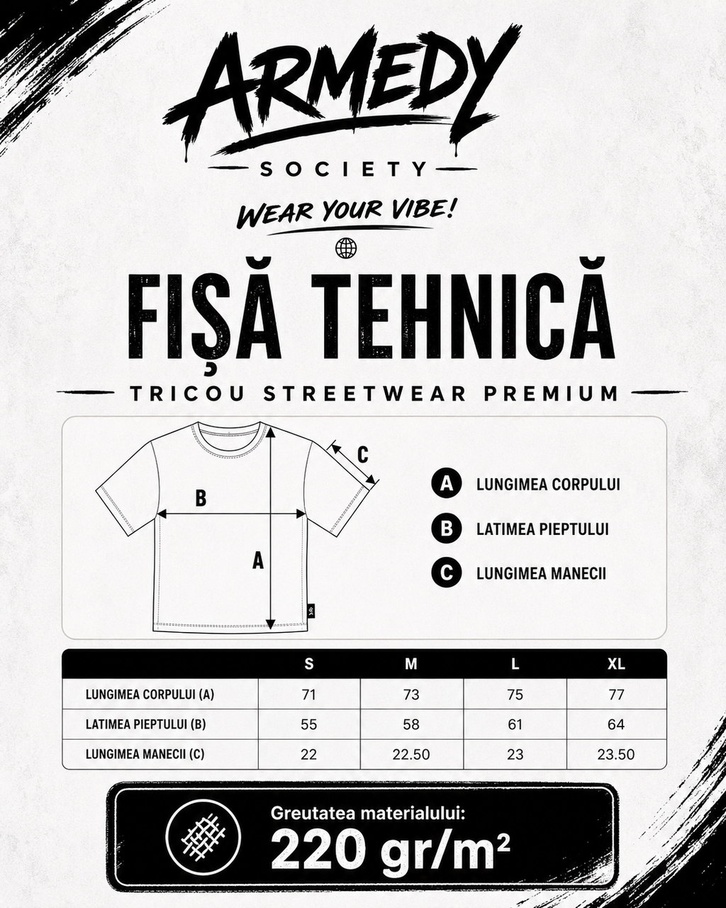 Ghid de marimi ARMEDY SOCIETY – tricou streetwear premium, 220 gr/m²