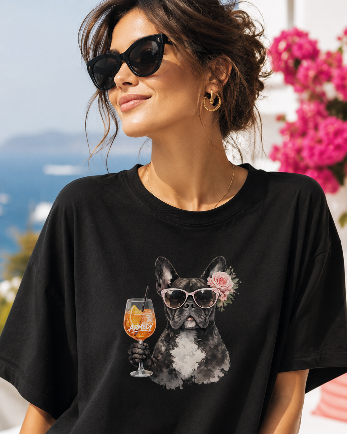 Frenchie Spritz Tee negru, tricou oversized Armedy Society cu bulldog francez si spritz pe fata