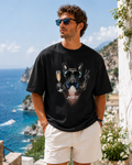 Frenchie Cheers Tee negru, tricou oversized Armedy Society cu bulldog francez si pahar de prosecco pe fata
