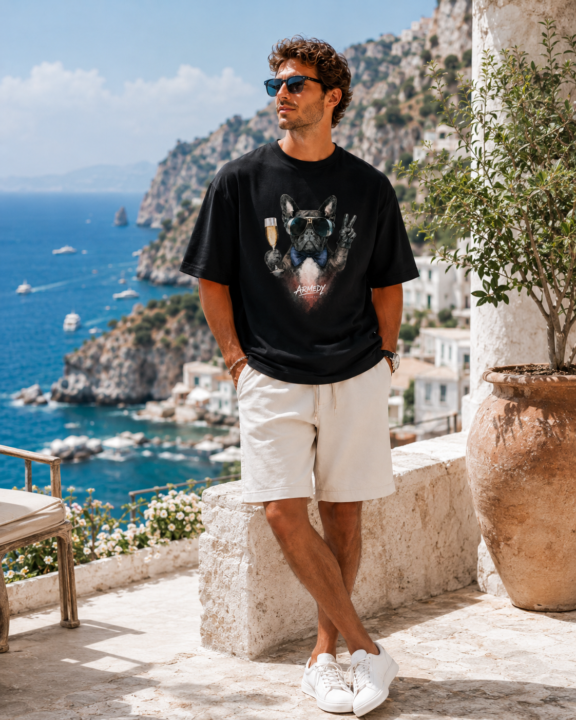 Frenchie Cheers Tee negru, tricou oversized Armedy Society cu bulldog francez si pahar de prosecco pe fata