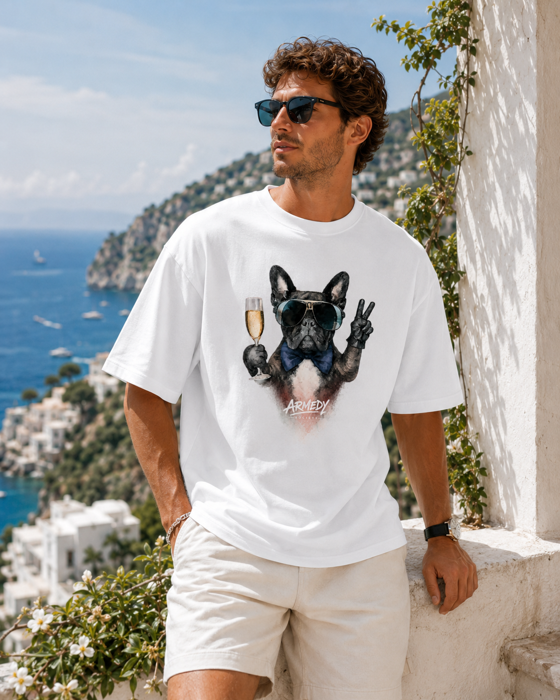 Frenchie Cheers Tee alb, tricou oversized Armedy Society cu bulldog francez si pahar de prosecco pe fata