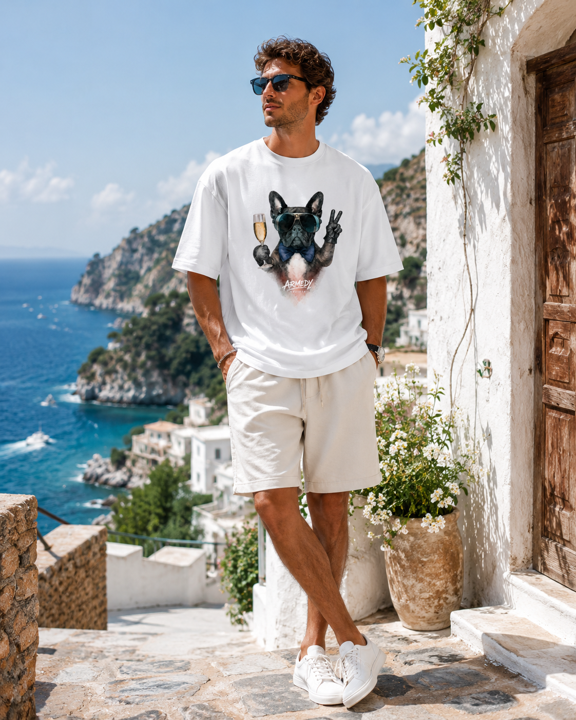 Frenchie Cheers Tee alb, tricou oversized Armedy Society cu bulldog francez si pahar de prosecco pe fata