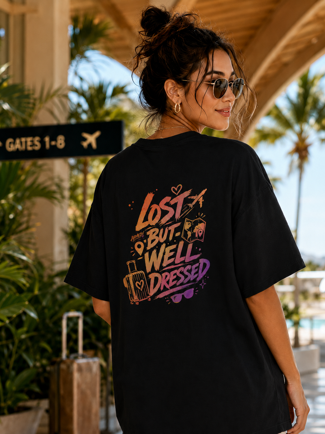 Lost But Well Dressed Tee negru, tricou oversized Armedy Society cu grafica travel pe spate