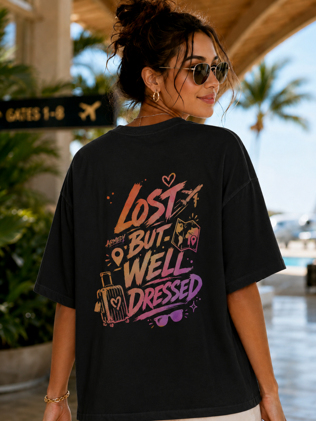 Lost But Well Dressed Tee negru, tricou oversized Armedy Society cu grafica travel pe spate