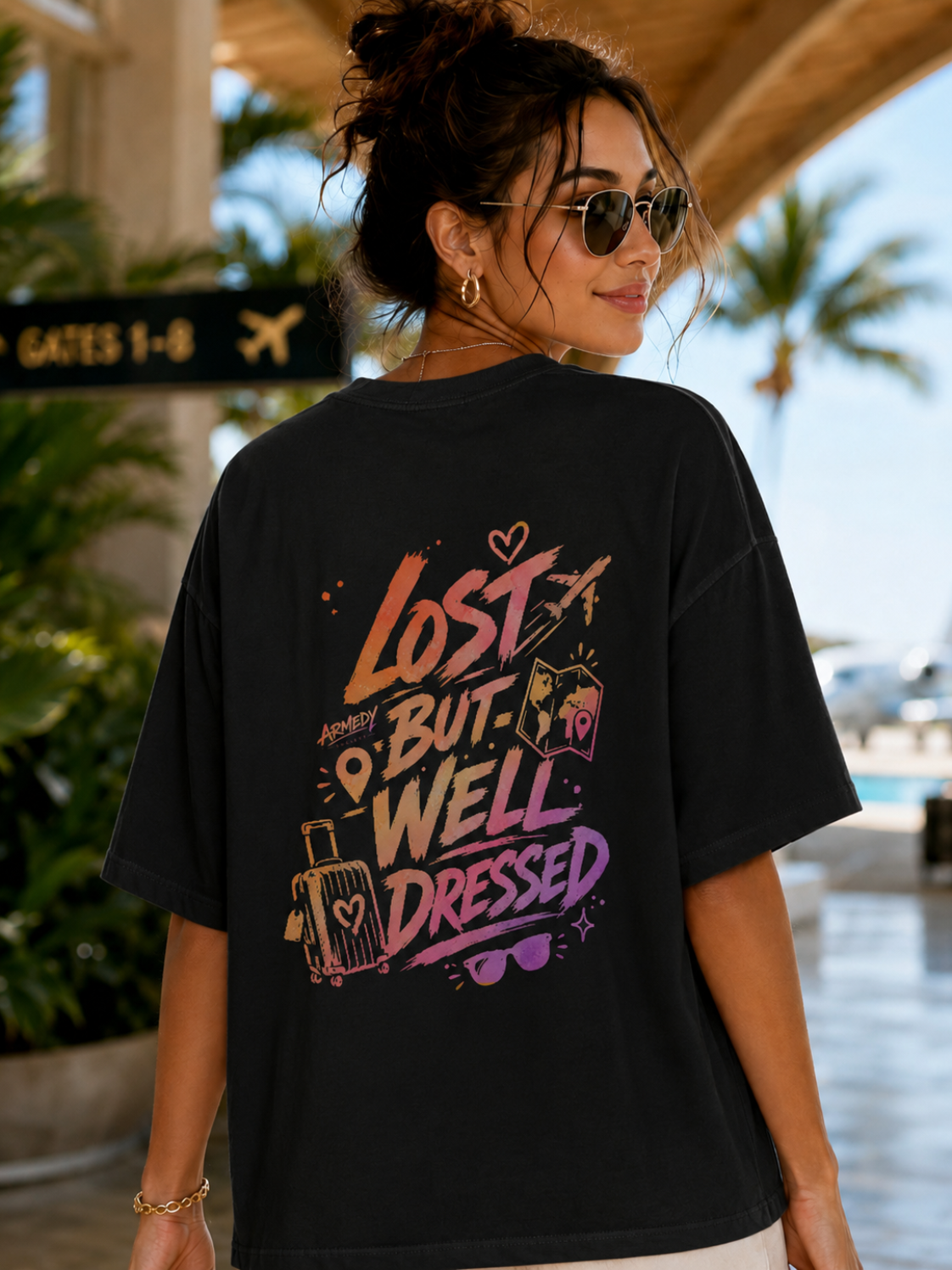 Lost But Well Dressed Tee negru, tricou oversized Armedy Society cu grafica travel pe spate
