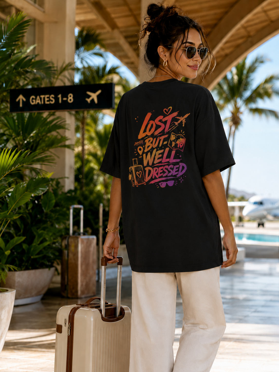 Lost But Well Dressed Tee negru, tricou oversized Armedy Society cu grafica travel pe spate