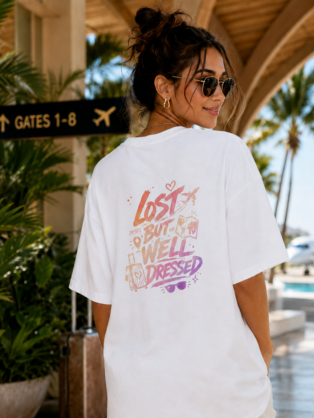 Lost But Well Dressed Tee alb, tricou oversized Armedy Society cu grafica travel pe spate