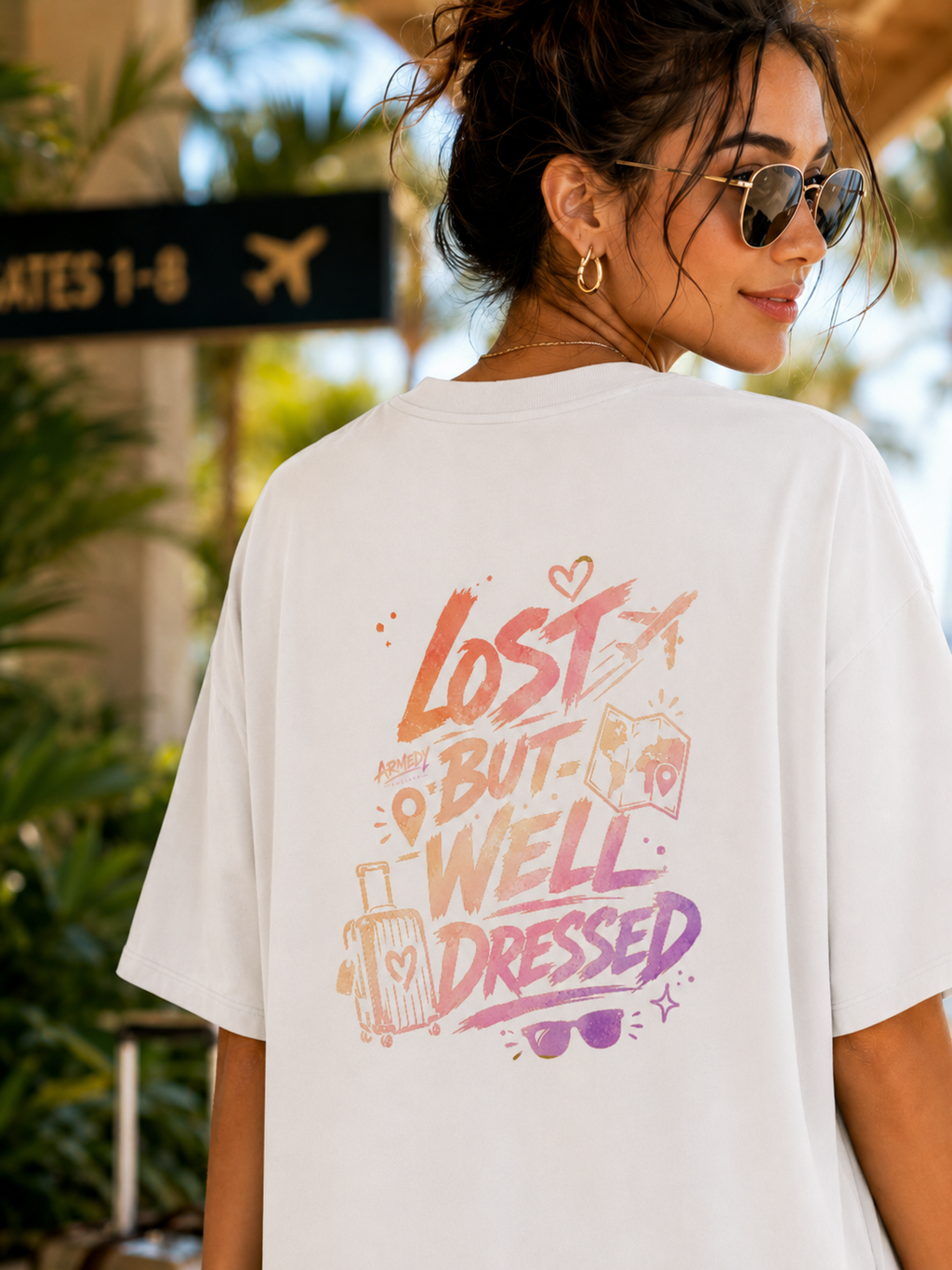 Lost But Well Dressed Tee alb, tricou oversized Armedy Society cu grafica travel pe spate