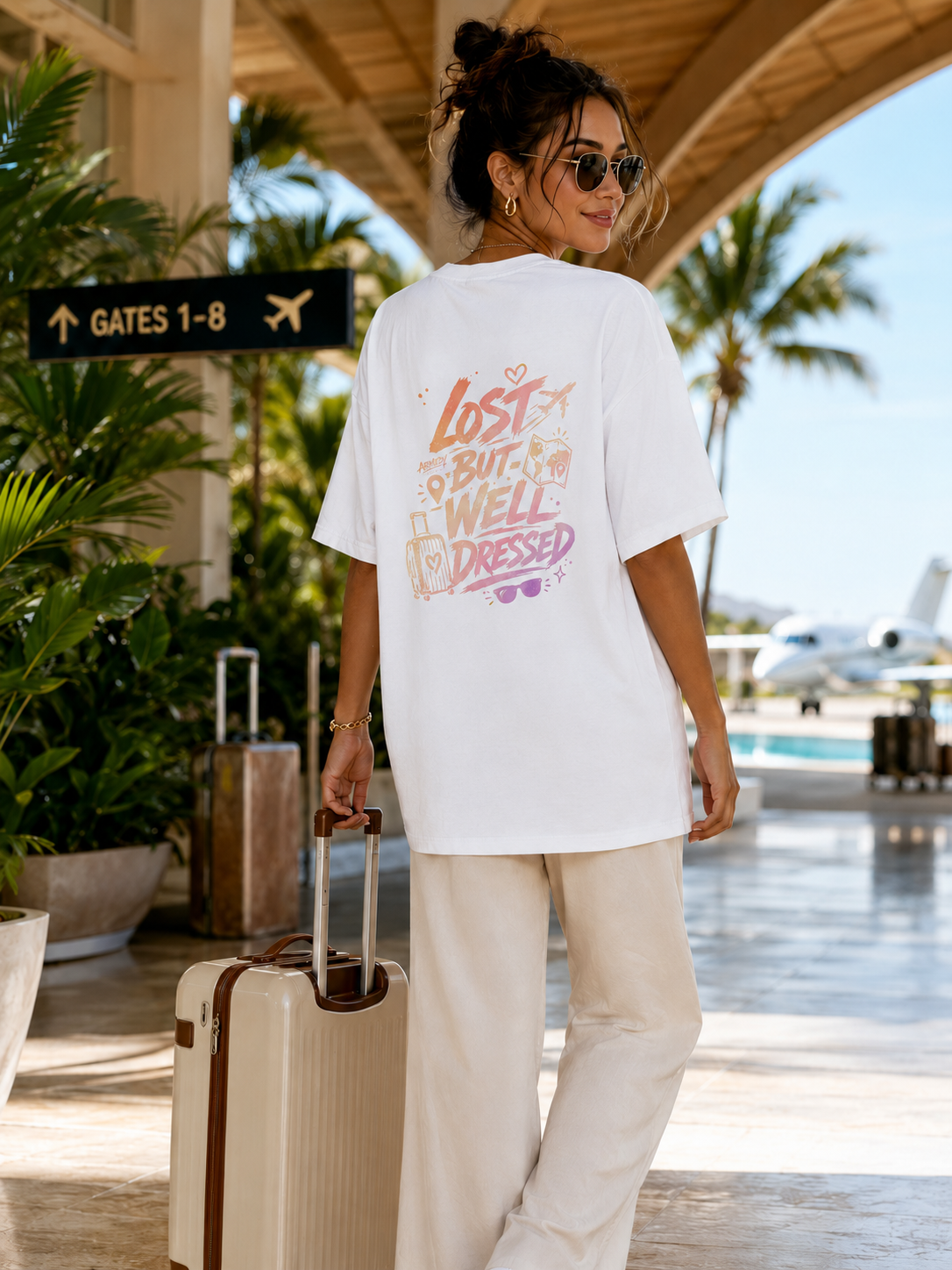 Lost But Well Dressed Tee alb, tricou oversized Armedy Society cu grafica travel pe spate