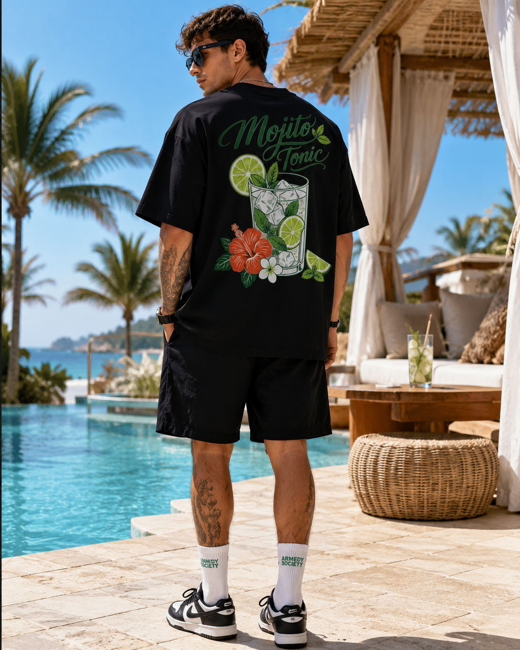 Mojito Tonic Tee negru, tricou oversized Armedy Society cu grafica mojito pe spate