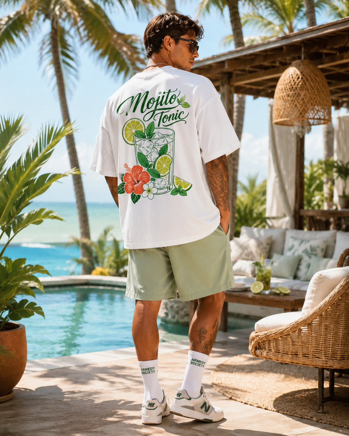 Mojito Tonic Tee alb, tricou oversized Armedy Society cu grafica mojito pe spate
