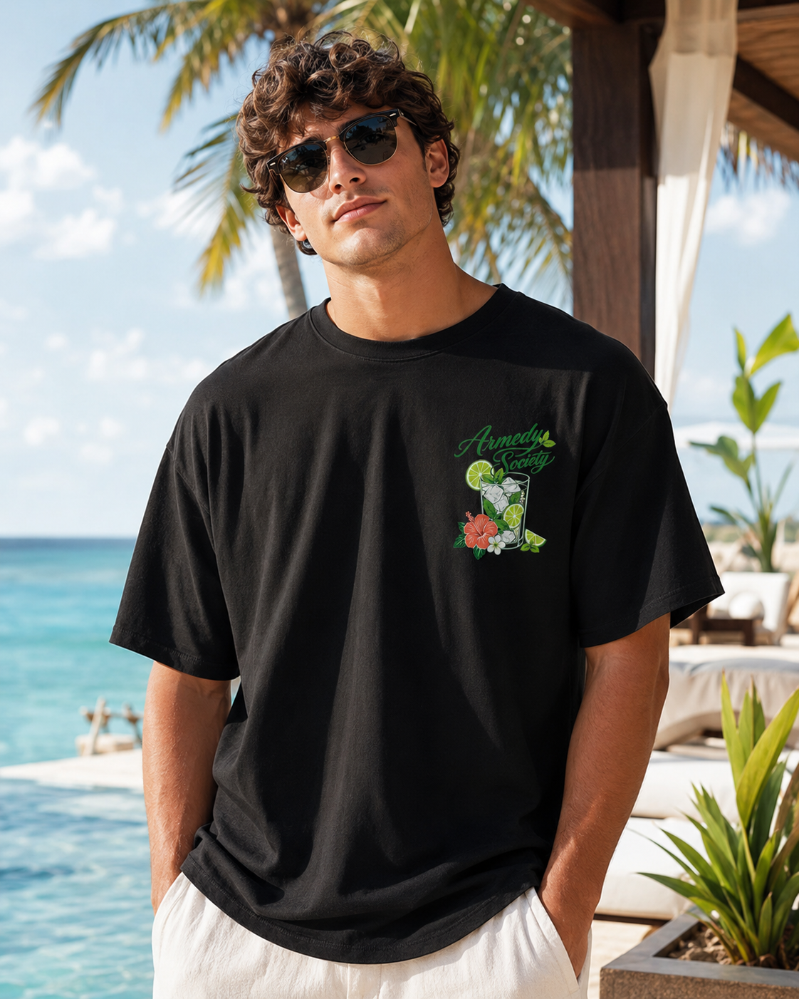Mojito Tonic Tee negru, tricou oversized Armedy Society cu grafica mica mojito pe piept