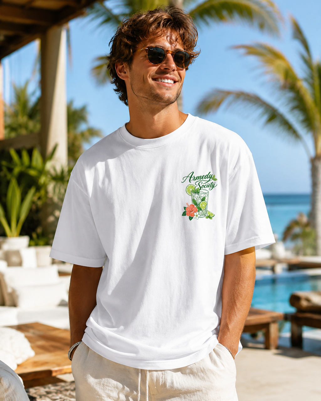 Mojito Tonic Tee alb, tricou oversized Armedy Society cu grafica mica mojito pe piept